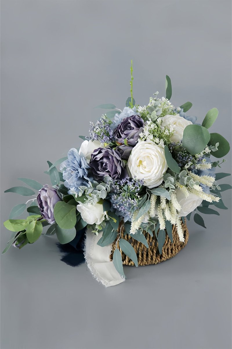 Artificial Purple Rose Cascade Wedding Flower Bouquets with Ribborn