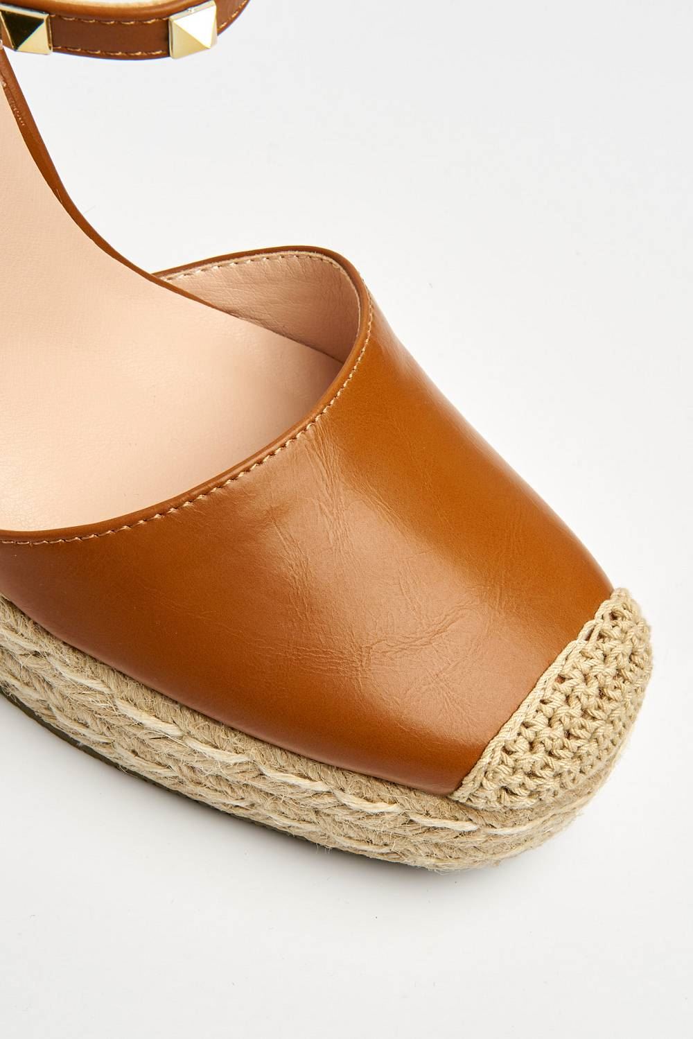 Miss Diva Brown Alala Round Toe Studded Anklestrap Espadrille Wedge
