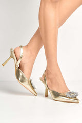 Miss Diva Gold Amira Diamante Brooch Sling Back Court Shoes