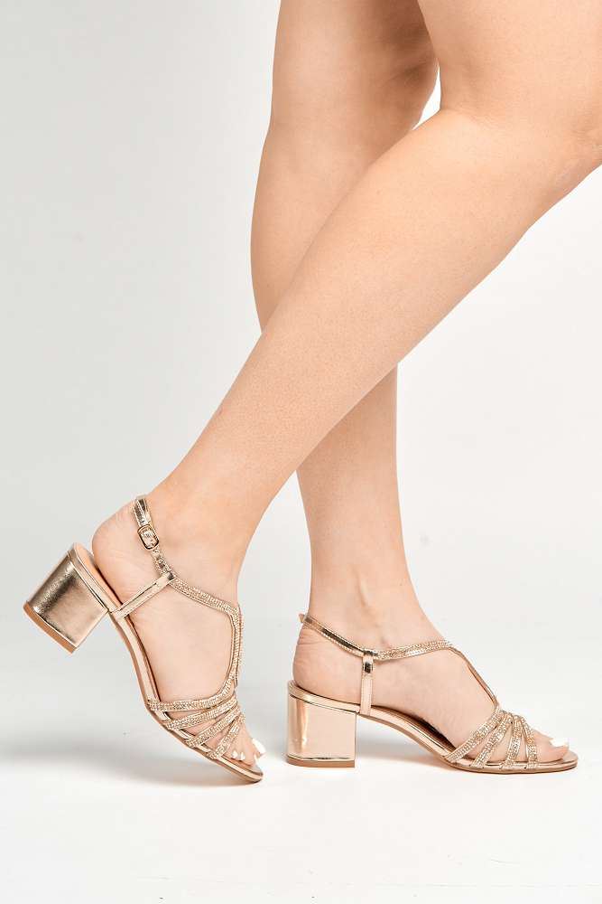 Miss Diva Gold Amanda 3 Diamante Strap T-bar Block Heel Sandal