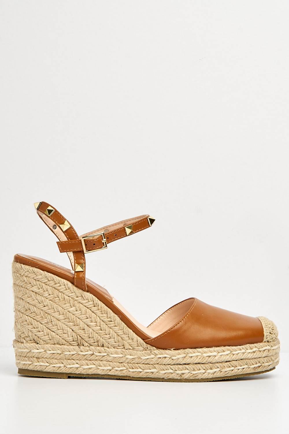 Miss Diva Brown Alala Round Toe Studded Anklestrap Espadrille Wedge