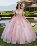 Ball-Gown Tulle Light Pink Off-the-Shoulder Quinceanera Dress with Appliques