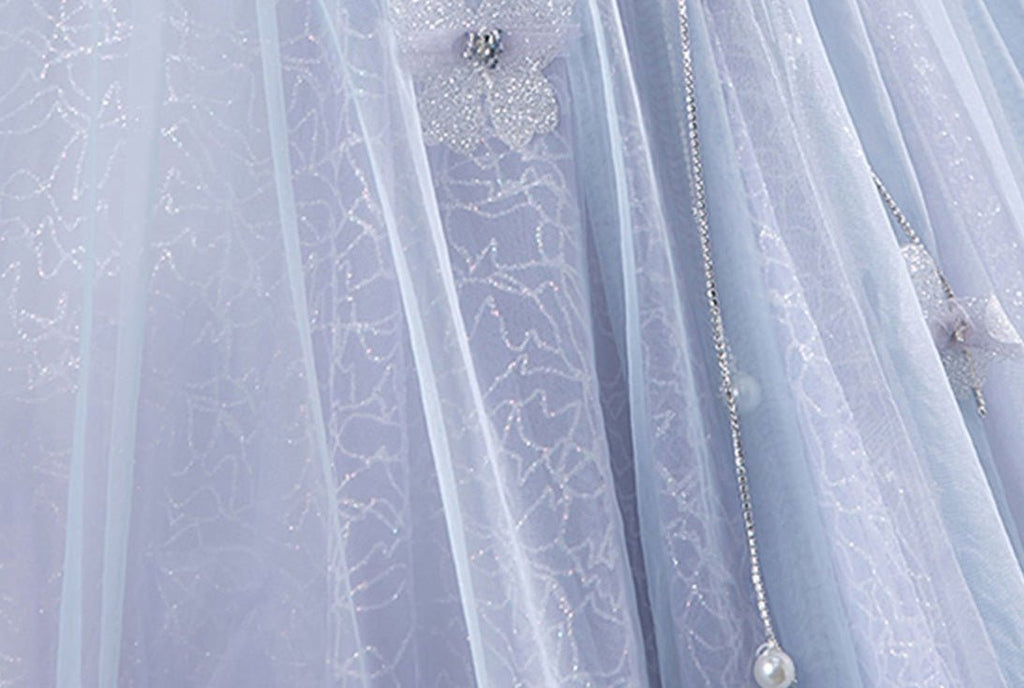 Ball-Gown Tulle Off The Shoulder Pearls Butterflies Quinceanera Dress with Appliqued