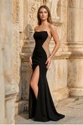 Black Strapless Mermaid Cut-out Long Corset Prom Dress with Slit