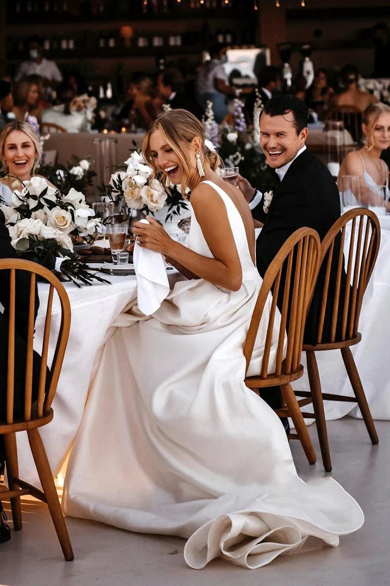 Attractive Deep V-Neck White Satin Bohemian Wedding Dress