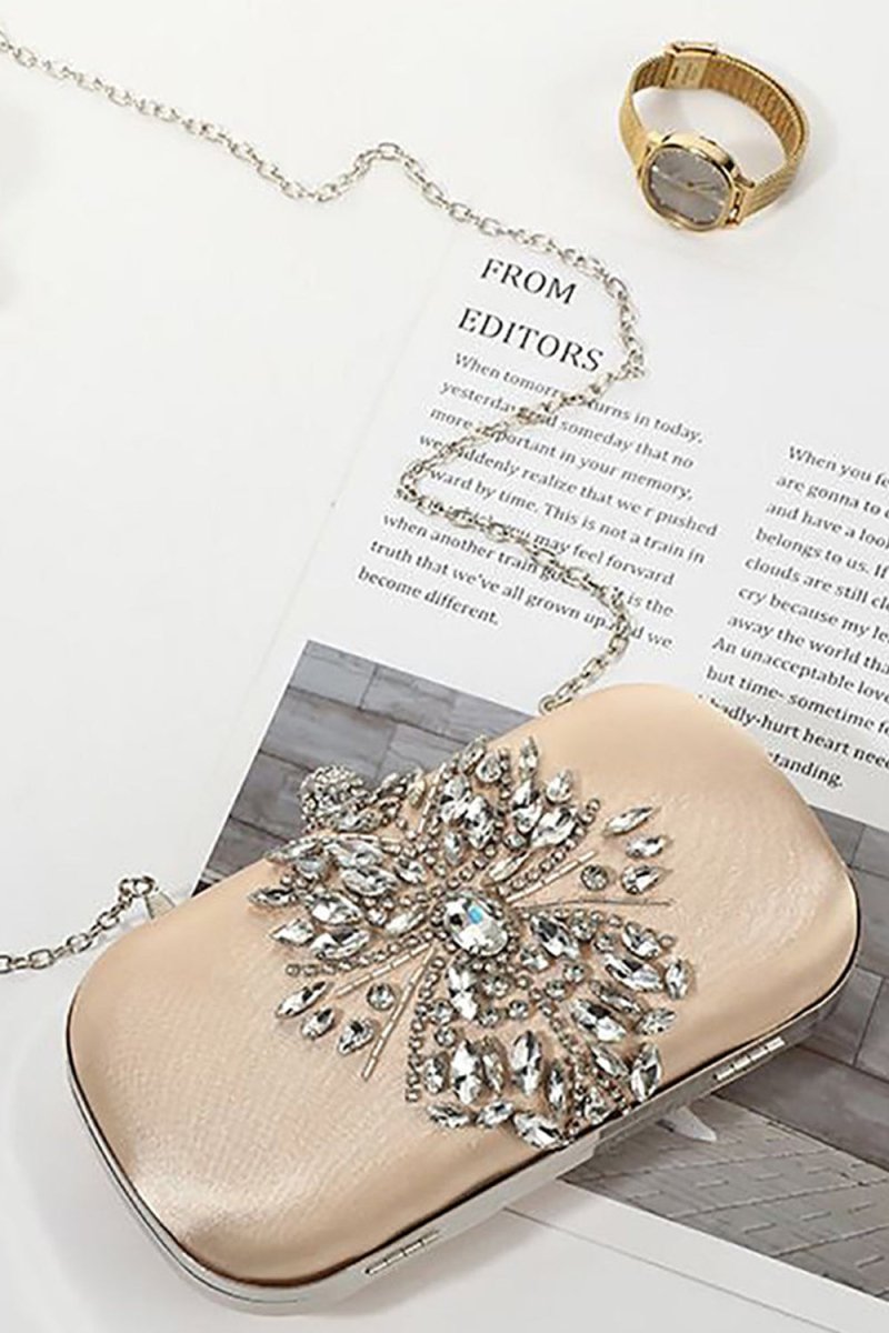Beige Rhinestones Square Party Handbag