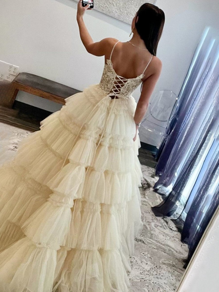 Black Beaded Spaghetti Strap Ruffle Tiered Ball Gown
