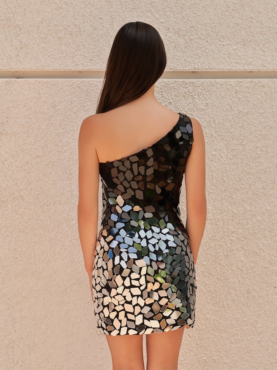 Black Gradient Cut Glass Mirror One-Shoulder Mini Party Dresses
