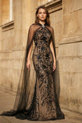 Black Halter Mermaid Sequined Long Prom Dresses With Cape