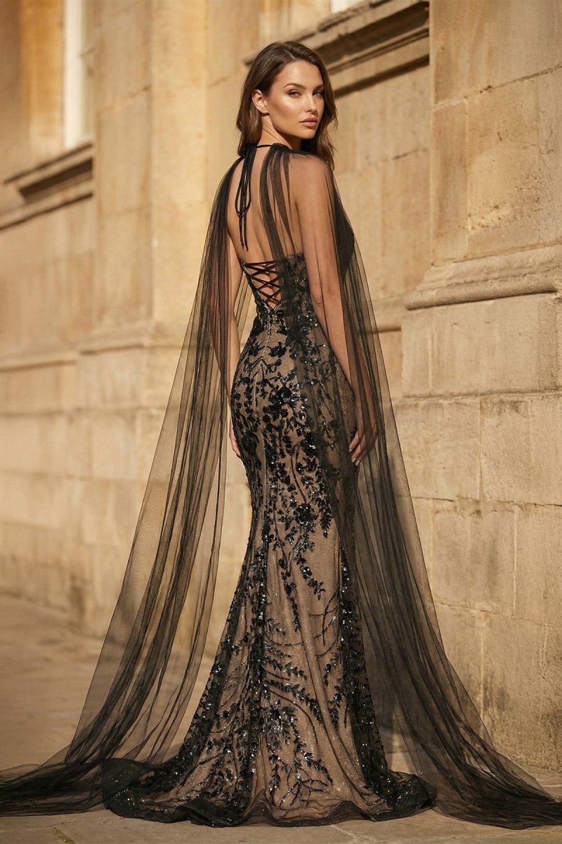 Black Halter Mermaid Sequined Long Prom Dresses With Cape