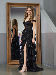 Black Princess A Line Off the Shoulder Corset Prom Dress with Lace Ruffles