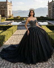 Black Sweetheart Tulle Quinceanera Dresses With Beadings