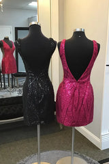 Black V-neck Sequins Bodycon Mini Party Dresses with Open Back