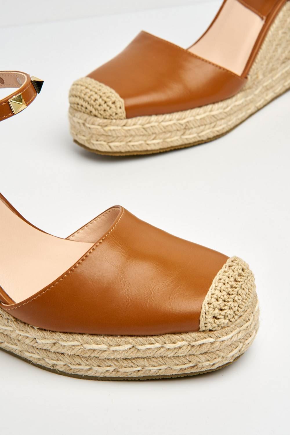 Miss Diva Brown Alala Round Toe Studded Anklestrap Espadrille Wedge