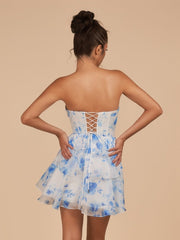 Blue - A Line Strapless Floral Chiffon Homecoming Dress with Beads