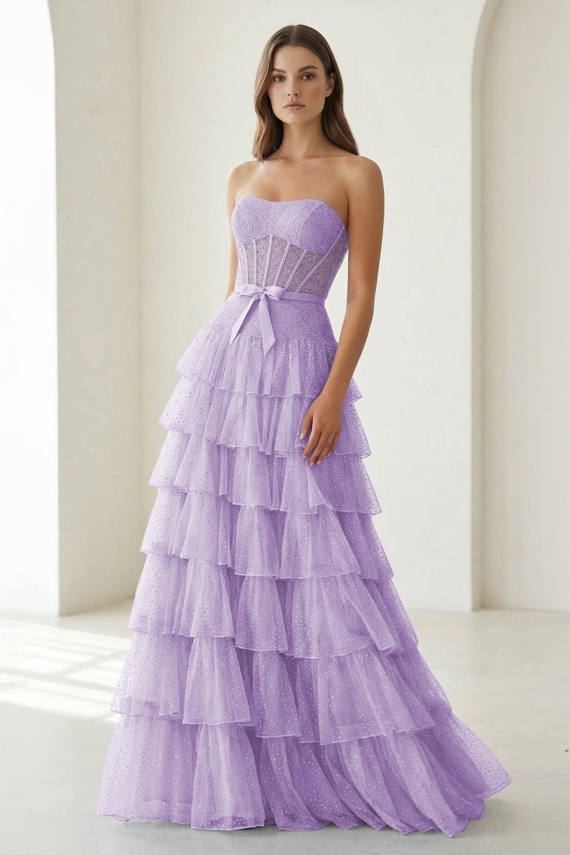 Black-White Strapless A Line Tulle Ruffled Formal Prom Dresses With Beading