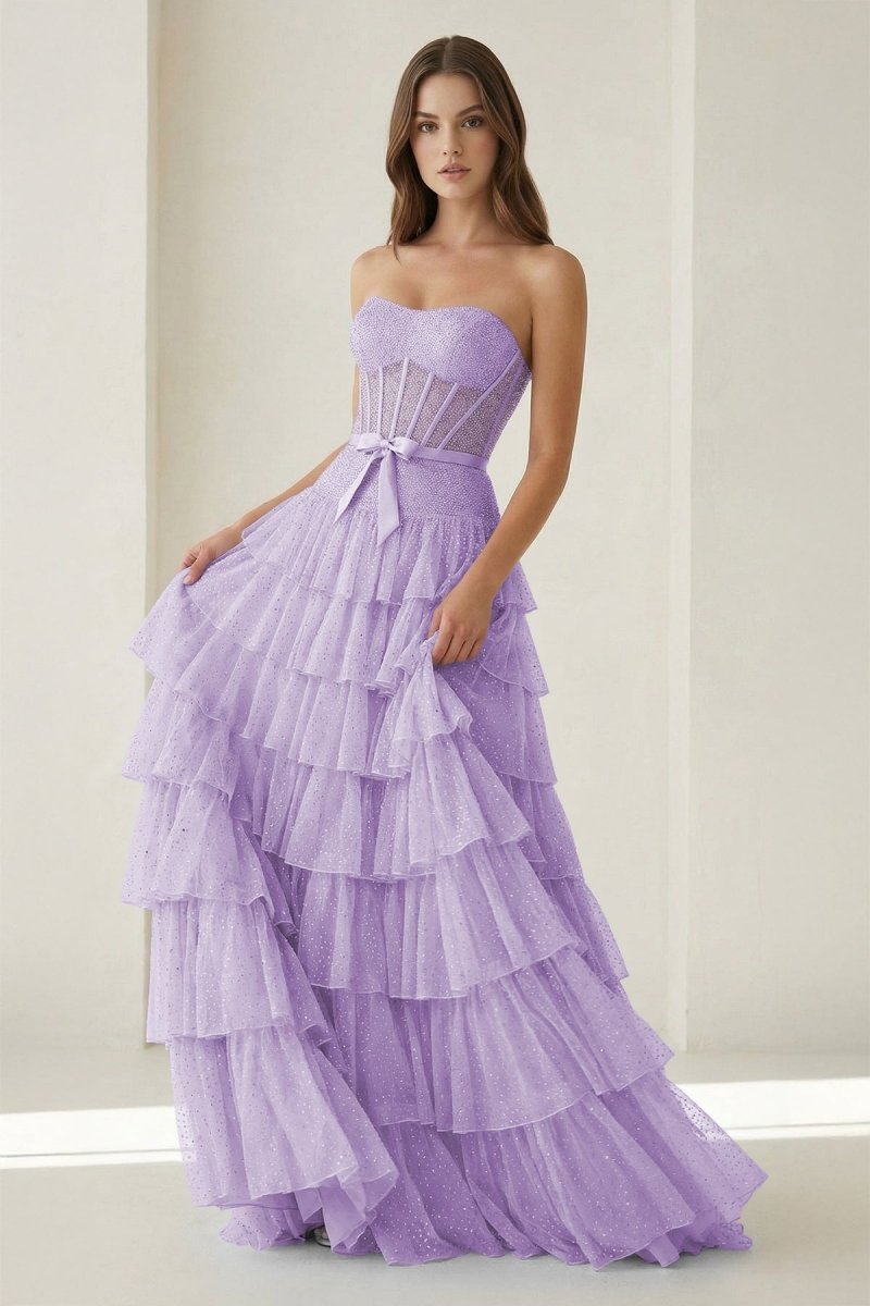 Black-White Strapless A Line Tulle Ruffled Formal Prom Dresses With Beading
