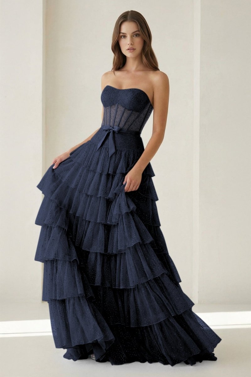 Black-White Strapless A Line Tulle Ruffled Formal Prom Dresses With Beading
