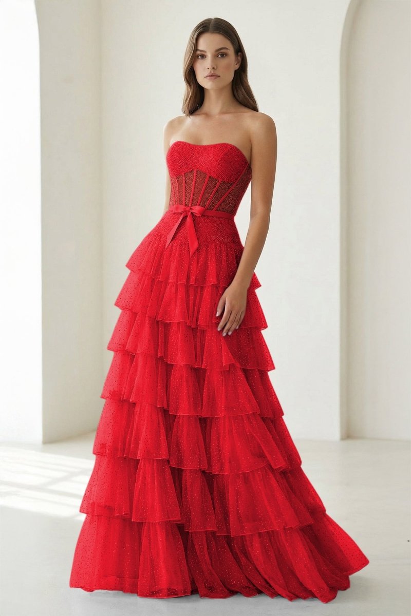 Black-White Strapless A Line Tulle Ruffled Formal Prom Dresses With Beading