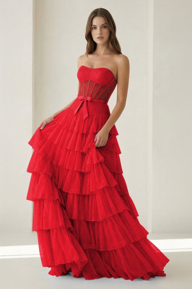 Black-White Strapless A Line Tulle Ruffled Formal Prom Dresses With Beading