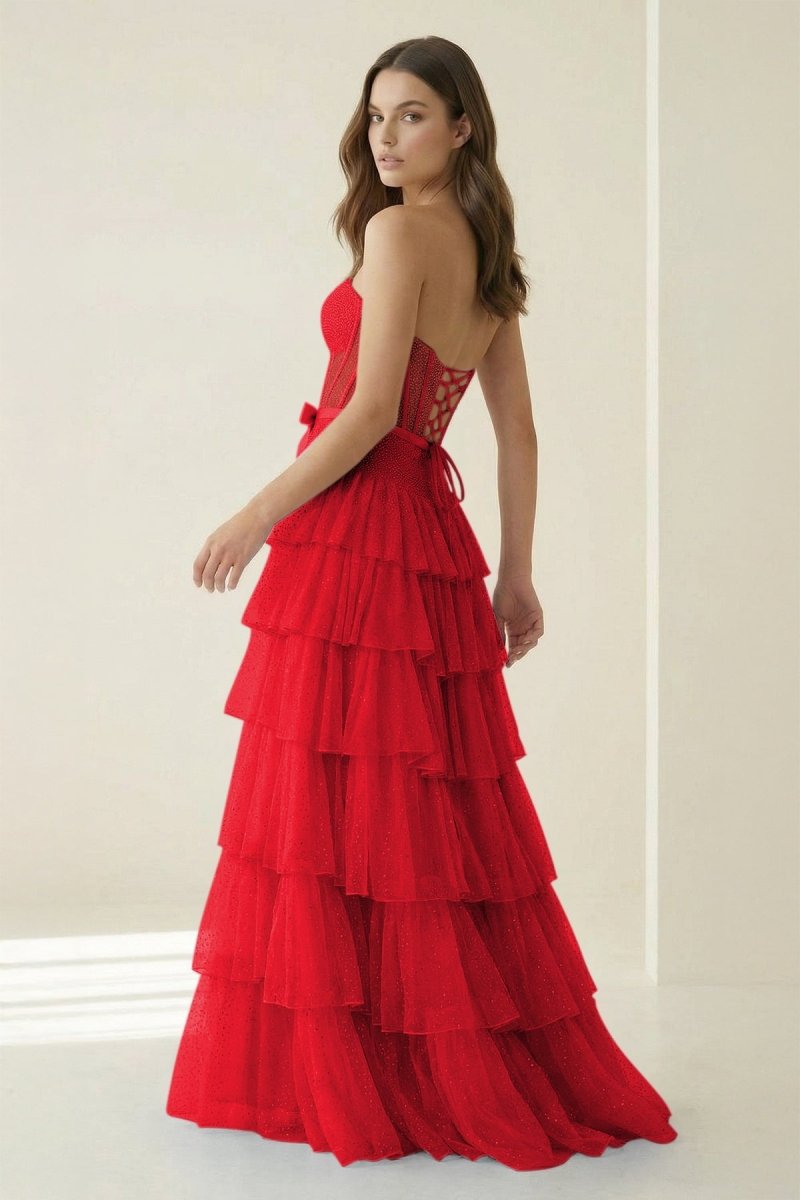 Black-White Strapless A Line Tulle Ruffled Formal Prom Dresses With Beading