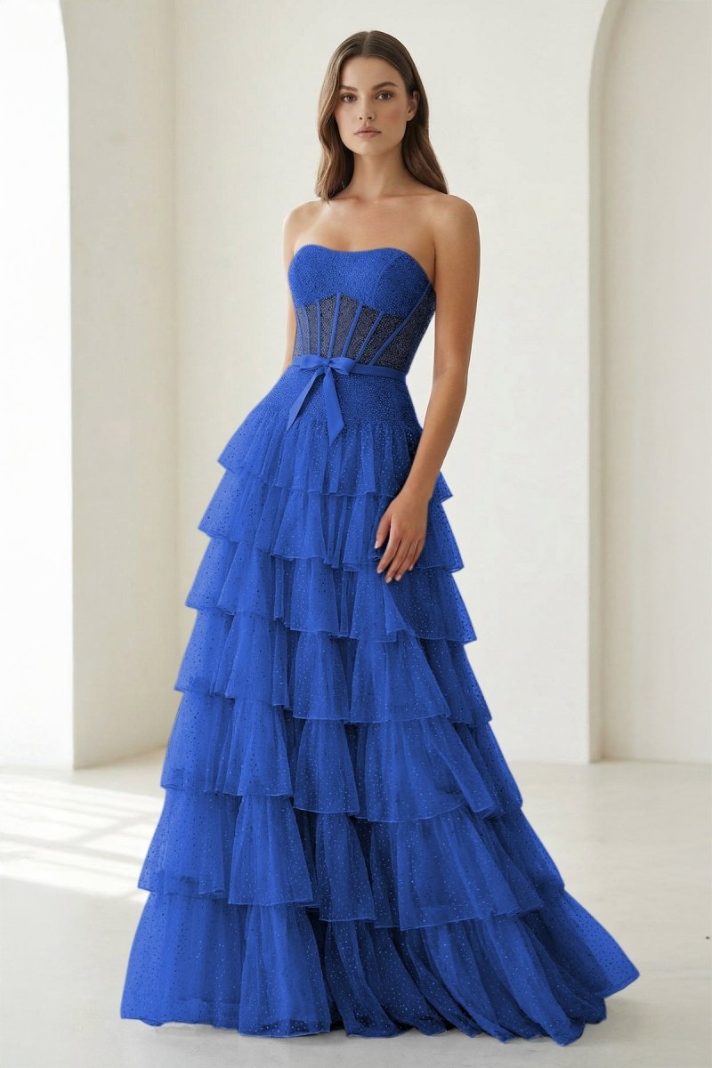 Black-White Strapless A Line Tulle Ruffled Formal Prom Dresses With Beading