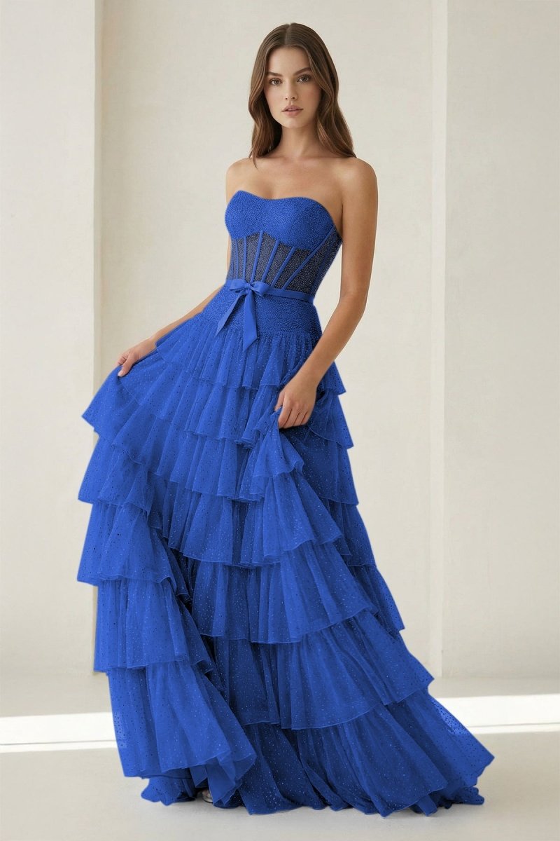 Black-White Strapless A Line Tulle Ruffled Formal Prom Dresses With Beading