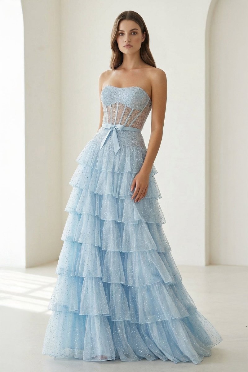 Black-White Strapless A Line Tulle Ruffled Formal Prom Dresses With Beading