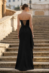 Black - Mermaid Strapless Satin Pleated Long Prom Dress with Slit