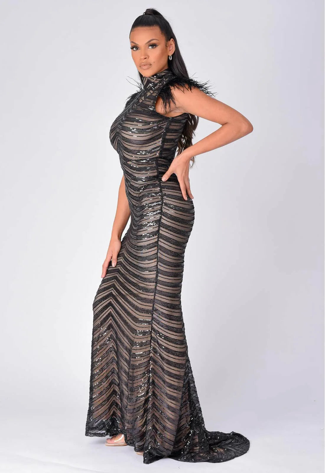 NAZZ Collection Black Power Feather Maxi Dress