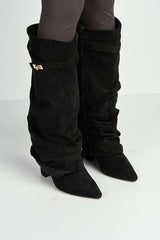 Miss Diva Black Suede Izel Block Heel Boots