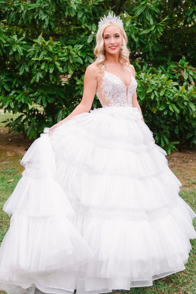 Black Beaded Spaghetti Strap Ruffle Tiered Ball Gown