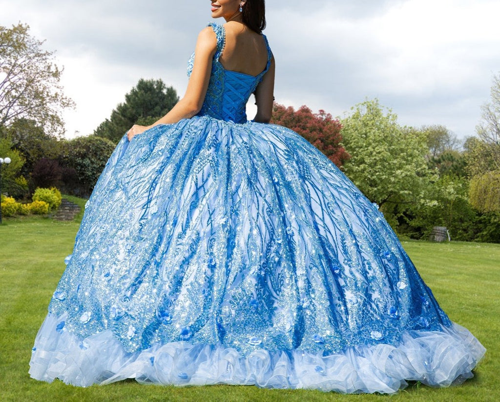 Ball Gown Lace V-Neck Sky Blue Quinceanera Dress