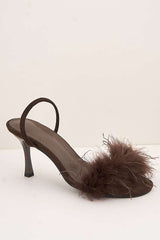 Margot Feathered Trim Band Slingback Heeled Sandals in Brown