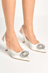 Miss Diva Ivory Amira Diamante Brooch Sling Back Court Shoes