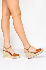 Miss Diva Brown Alala Round Toe Studded Anklestrap Espadrille Wedge