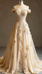 Gorgeous Red A-Line Off-The-Shoulder Tulle Beaded Long Prom Dress Formal Applique Evening Dress