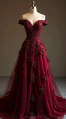Gorgeous Red A-Line Off-The-Shoulder Tulle Beaded Long Prom Dress Formal Applique Evening Dress