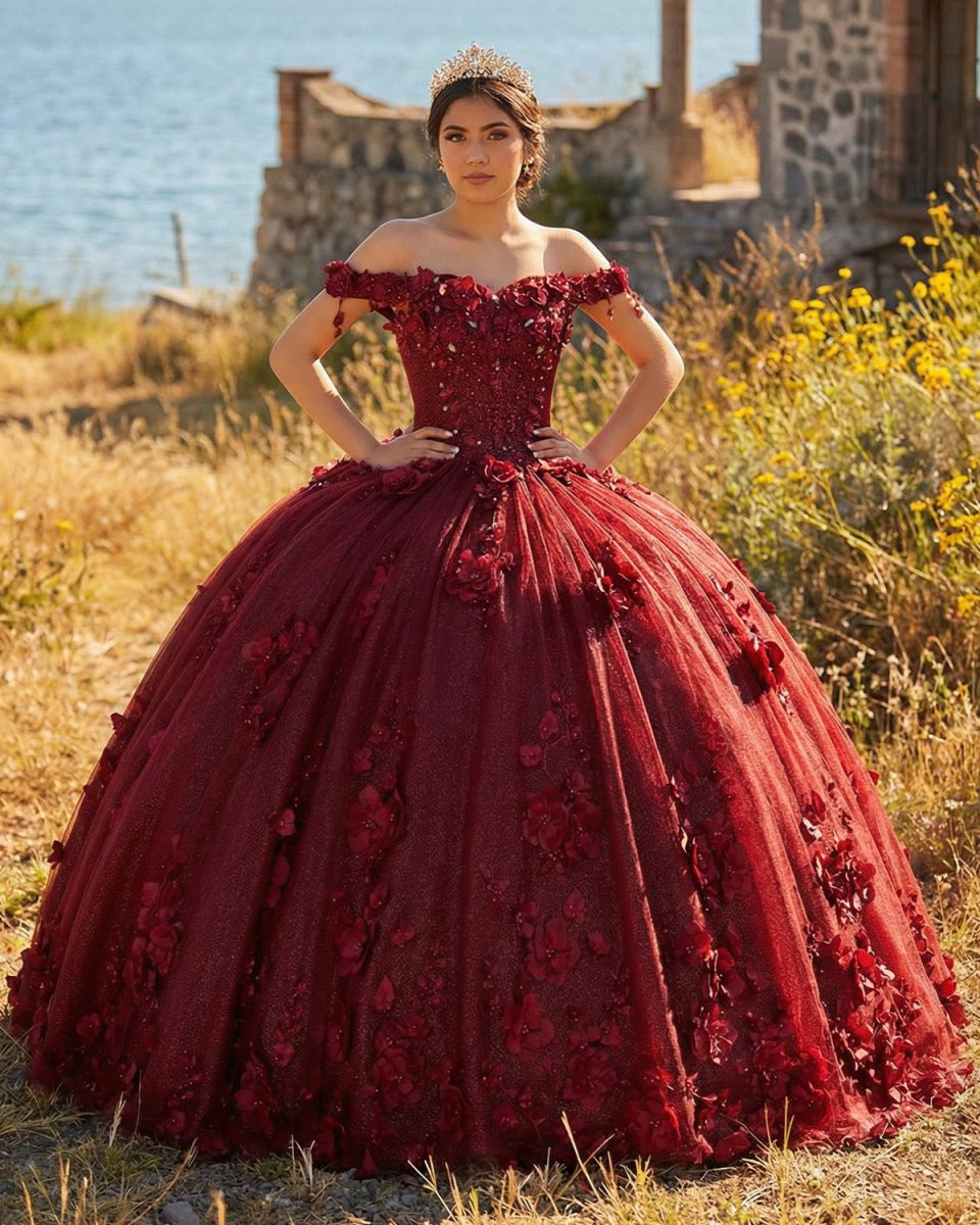 Ball Gown Organza Off The Shoulder Burgundy Quinceanera Dress