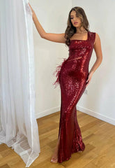 Nazz Collection Berry Fame and Feather Maxi Dress