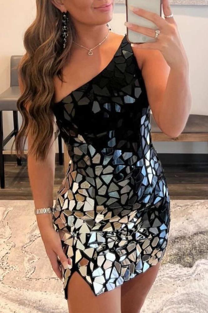 Black Gradient Cut Glass Mirror One-Shoulder Mini Party Dresses