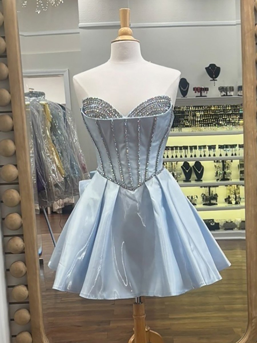 Blue - Strapless Satin A Line Beaded Homecoming Dress With Bow