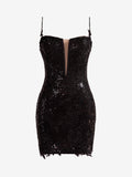 Black Sheath Spaghetti Straps Sequined Lace Homecoming Dress