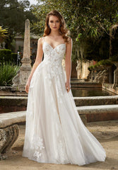 A Line Long Bridal Lace Beaded Wedding Dress MGNY Madeline Gardner New York 2464