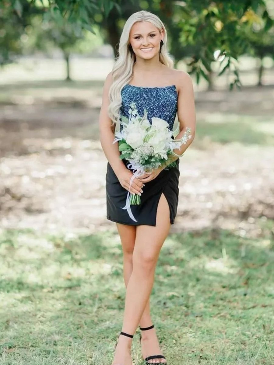 Black - Scoop Neck Satin Short Homecoming Dresses With Beadings