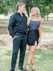 Black - Scoop Neck Satin Short Homecoming Dresses With Beadings