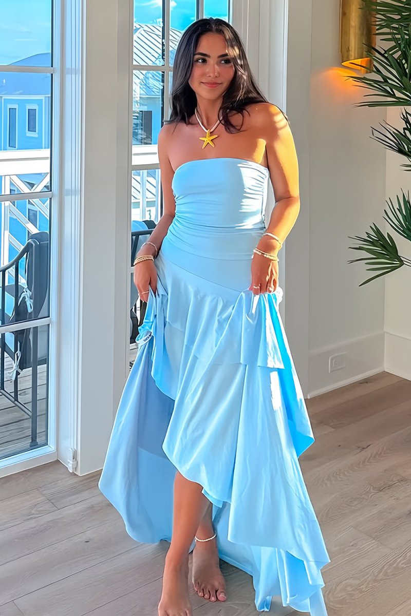 Blue Sheath Strapless Spandex High Low Long Prom Dresses with Ruffles