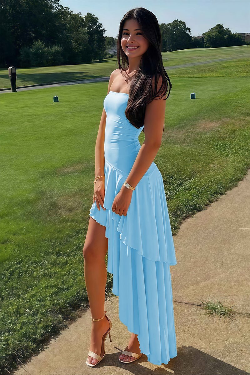 Blue Sheath Strapless Spandex High Low Long Prom Dresses with Ruffles