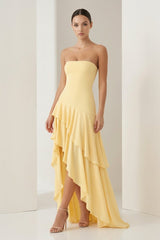 Blue Sheath Strapless Spandex High Low Long Prom Dresses with Ruffles