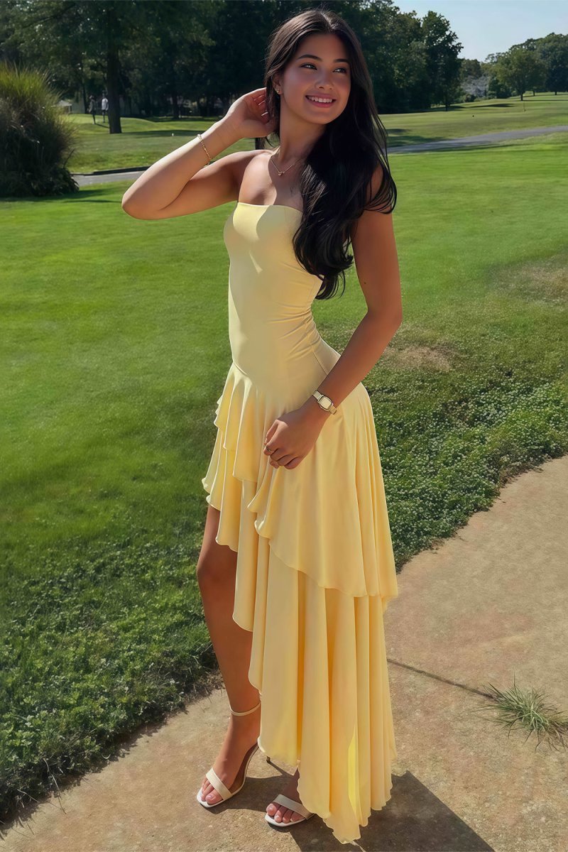 Blue Sheath Strapless Spandex High Low Long Prom Dresses with Ruffles